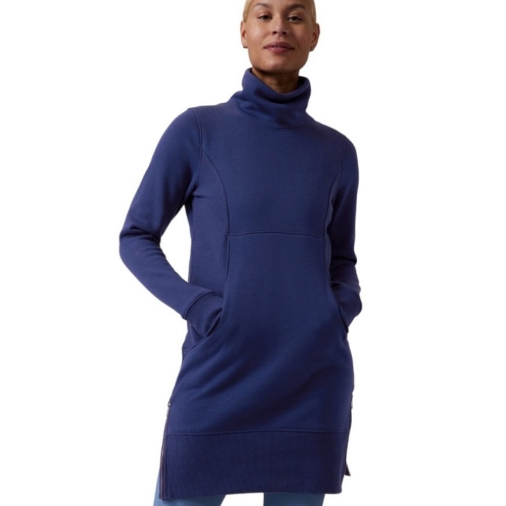 NEW NET Athleta Cozy Karma Navy Blue Funnel Neck Dress Mediym M